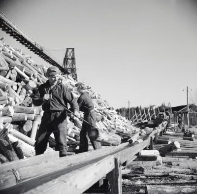 Kubbhantering vid renseriet, 1950. Matfors pappersbruk var i drift 1917-1990