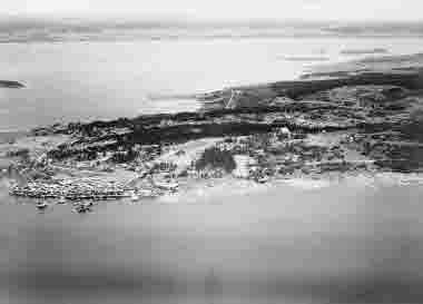 Sågverket, exteriörer, flygbild över norra Alnön med Hovids sågverk, 1930. Hovids sågverk 1882-1942.